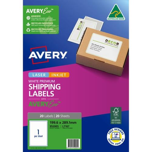 Avery Premium Shipping Labels with AveryEco L7167 1up 20 Sheets