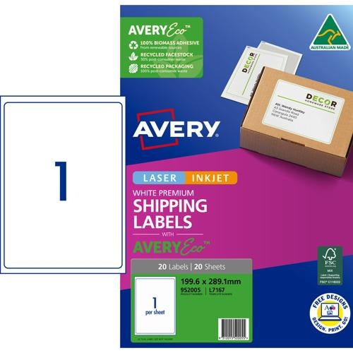 Avery Premium Shipping Labels with AveryEco L7167 1up 20 Sheets