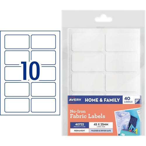 Avery No-Iron Fabric Labels White 40 Labels 40722