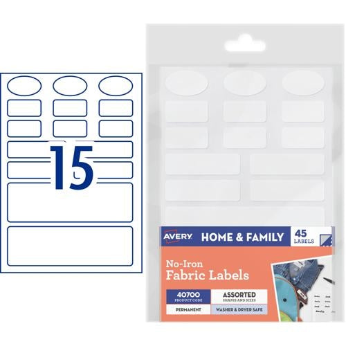 Avery No-Iron Fabric Labels Assorted White 45 Labels 40700