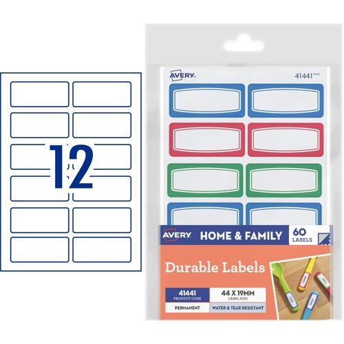 Avery Kids Durable Labels Dishwasher & Microwave Safe 44x19mm 60 Labels 41441