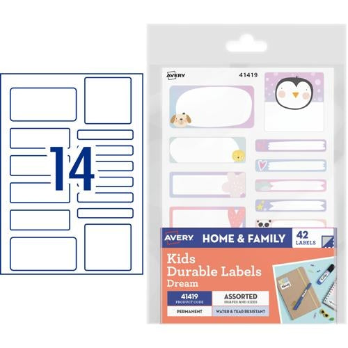 Avery Kids Durable Labels Dishwasher & Microwave Safe 42 Labels Dream 41419