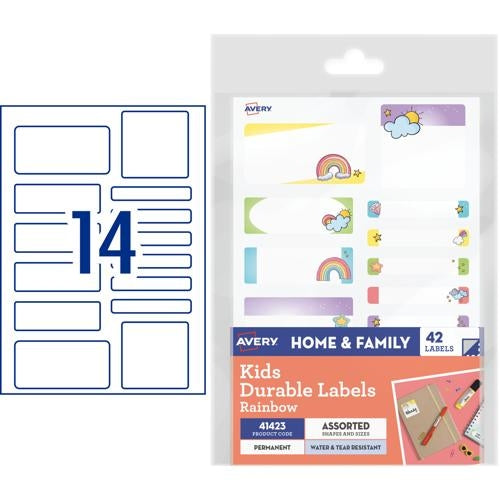 Avery Kids Durable Labels Dishwasher & Microwave Safe 42 Labels Rainbow 41423