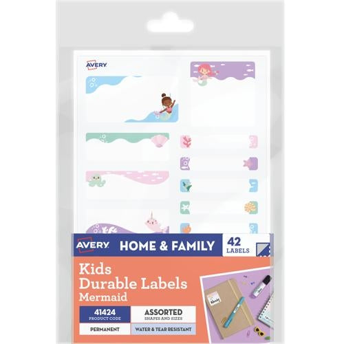 Avery Kids Durable Labels Dishwasher & Microwave Safe 42 Labels Mermaid 41424