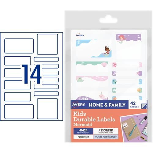 Avery Kids Durable Labels Dishwasher & Microwave Safe 42 Labels Mermaid 41424