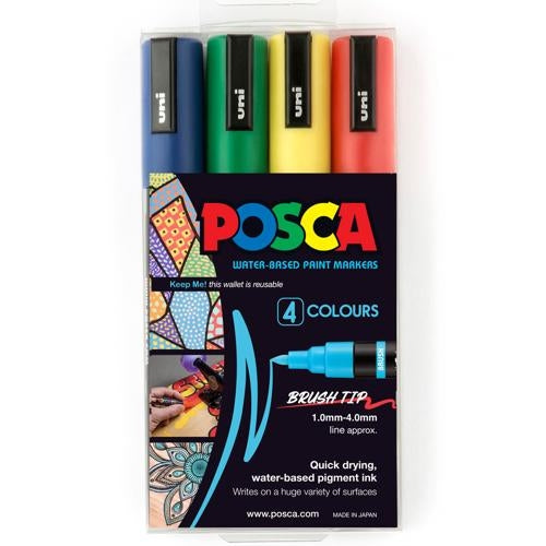 Uni Posca Marker 1-4mm Medium Brush Tip 4 Pack Assorted PC-5BR