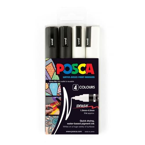 Uni Posca Marker 1-4mm Medium Brush Tip 4 Pack Black/White PC-5BR