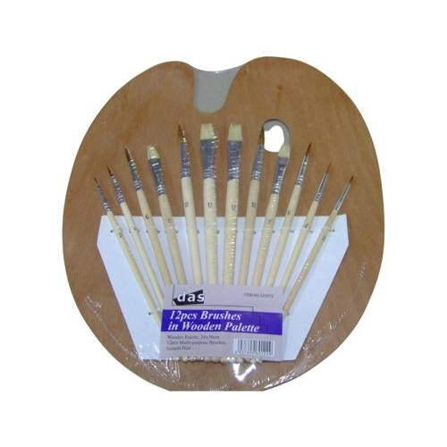 DAS Brush Set On Wooden Palette With 12 Assorted Paint Brushes