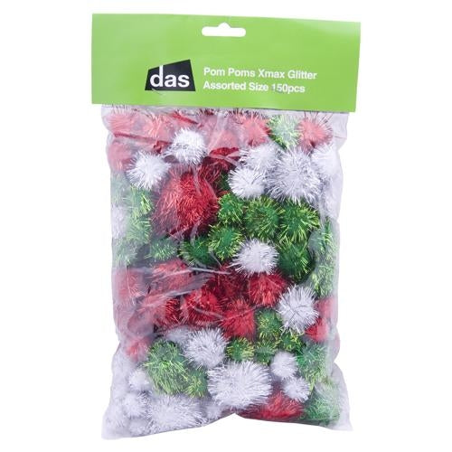 DAS Pom Poms Xmas Glitter Assorted Sizes Pack of 150