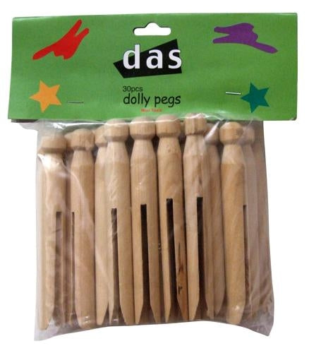 DAS Wooden Dolly Pegs Plain Colour Pack of 30