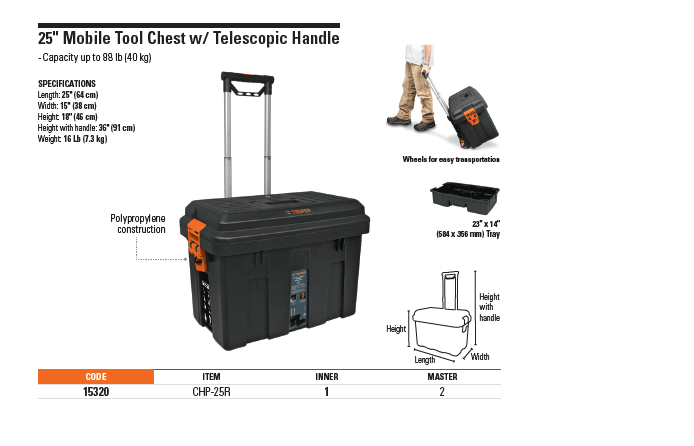 Plastic Toolbox "Truper" Rolling 25" 170kg Cap