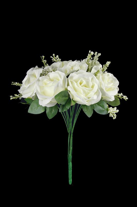 Artificial Rose Bunch with Gyp Fillers (11 Heads) - White - Set of 5