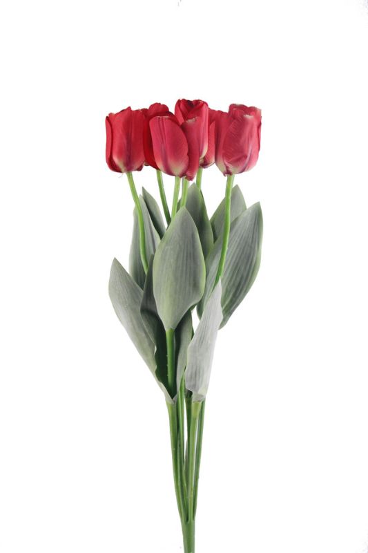 Artificial Tulip Bunch - 7 Heads + 10 Leaves - White - Set of 6