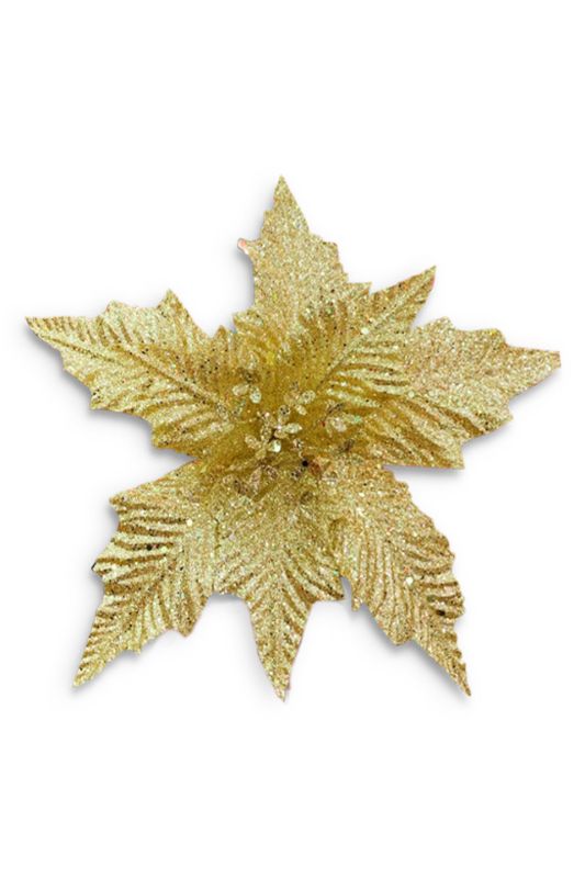 Artificial Glitter Poinsettia Head - Gold - Set of 6