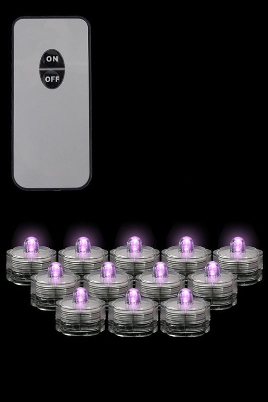 12 x Pink Submersible LED Tealights w Remote (2 x CR2032) - Light Pink