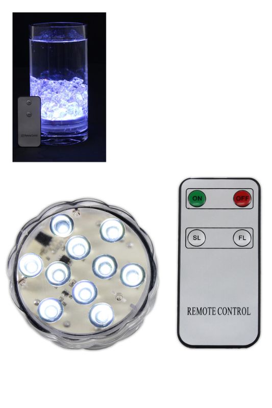 10 LED Pure White Submersible Light w Remote (3 X AAA Req.) - White