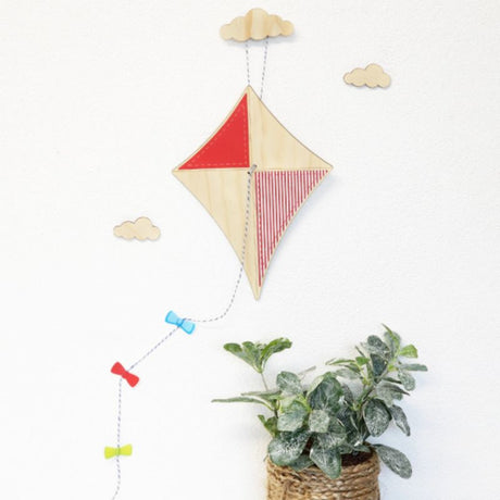 Whimsical 30cm pine kite wall art, handmade from 4mm veneer, perfect for kids' rooms or creative spaces.