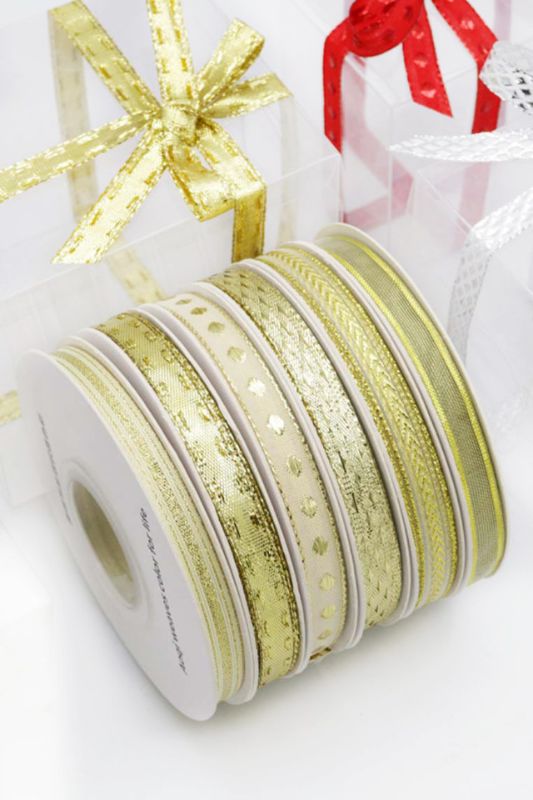 Ribbon - 6 Rolls Assorted Woven Ribbon Pack - Gold