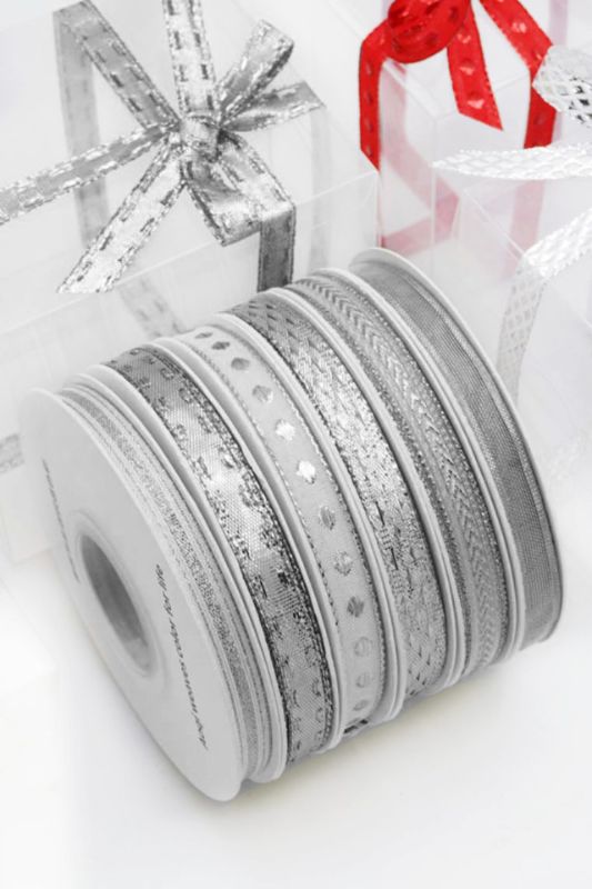 Ribbon - 6 Rolls Assorted Woven Ribbon Pack - Silver
