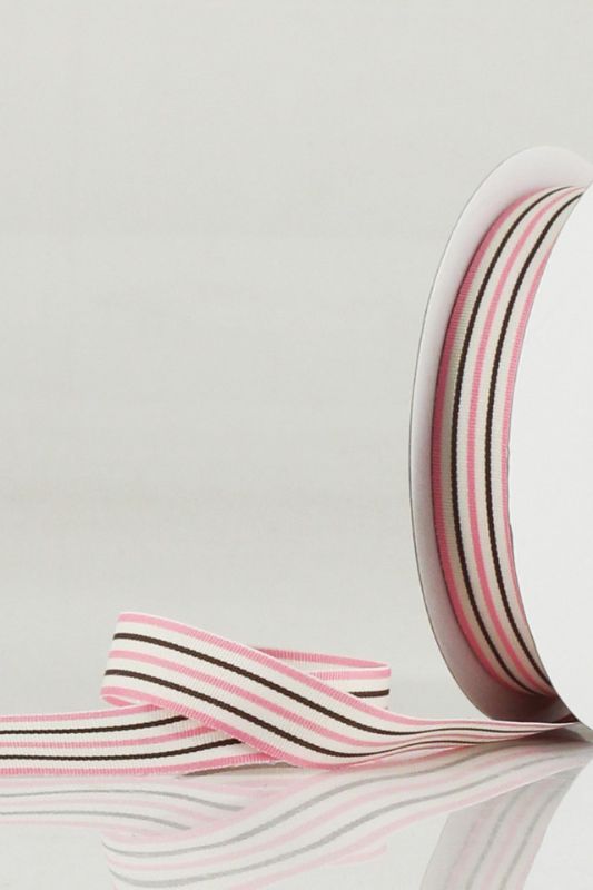 Ribbon - Pink / Brown Stripe Grosgrain Ribbon - Pink - Set of 5
