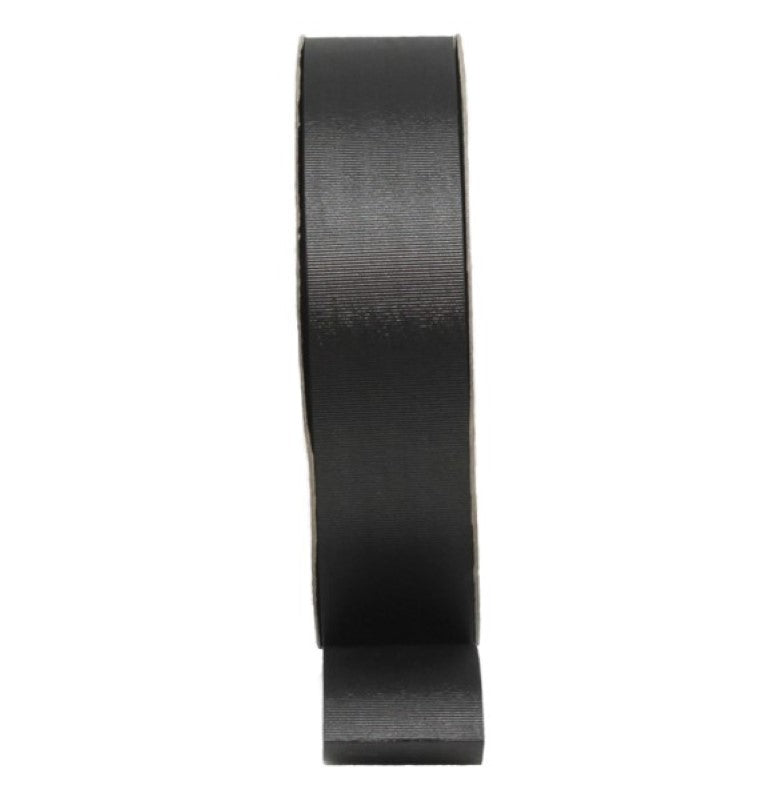 Black textured ribbon measuring 30mm x 90m, ideal for gift wrapping and crafting projects with a sophisticated touch.