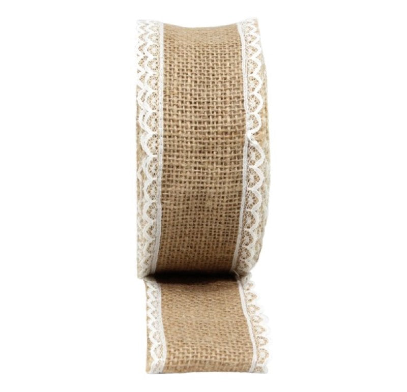 Natural jute ribbon with double-edged lace, 5cm wide and 10m long, perfect for rustic crafts and decor.