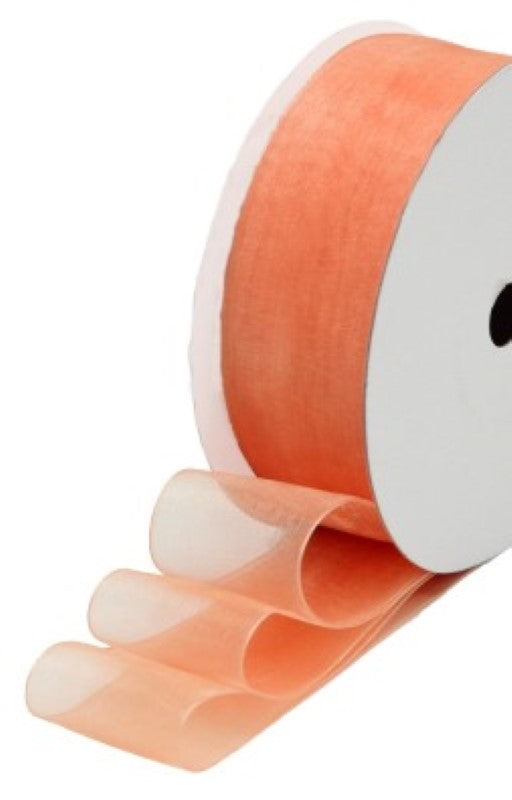 Luxurious dark apricot organza ribbon roll, 25mm wide and 25m long, perfect for elegant crafts and gift wrapping.