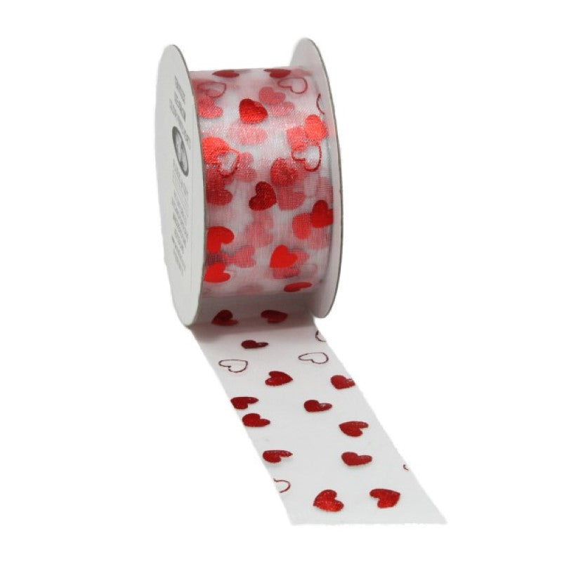 Sheer organza ribbon with heart print, 4cm wide, 20m long, perfect for elegant gift wrapping and DIY crafts.