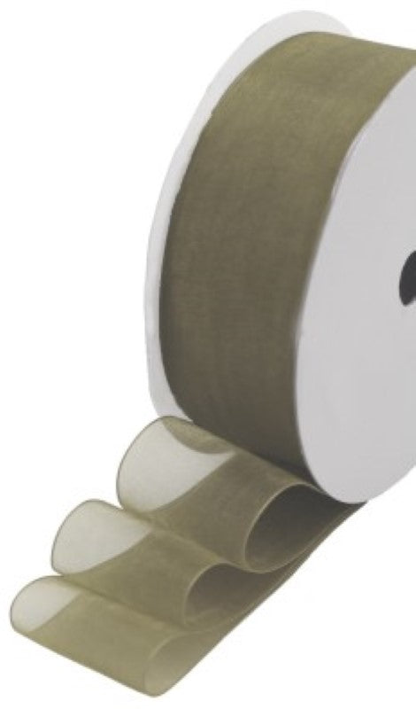 Spring Moss Organza Ribbon Roll, 25mm wide and 25m long, ideal for elegant gift wrapping and floral decorations.