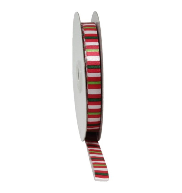 Striped red and green Christmas ribbon, 10mm wide and 20m long, perfect for holiday decorating and crafting.