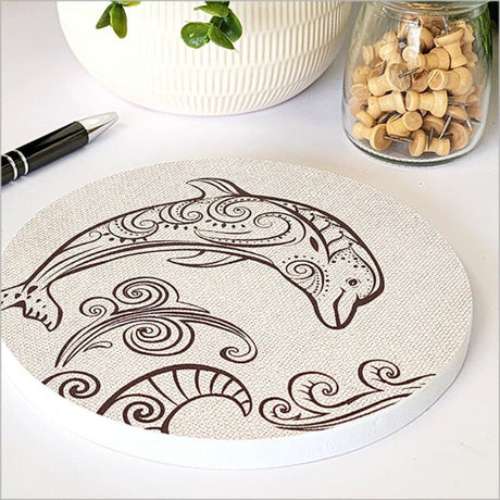 Circular canvas wall art featuring a vibrant dolphin design, ideal for marine enthusiasts and stylish home decor.