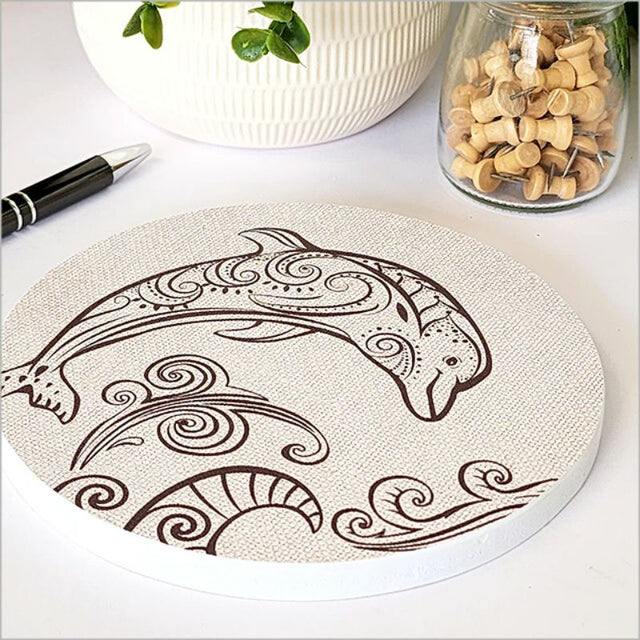 Circular canvas wall art featuring a vibrant dolphin design, ideal for marine enthusiasts and stylish home decor.