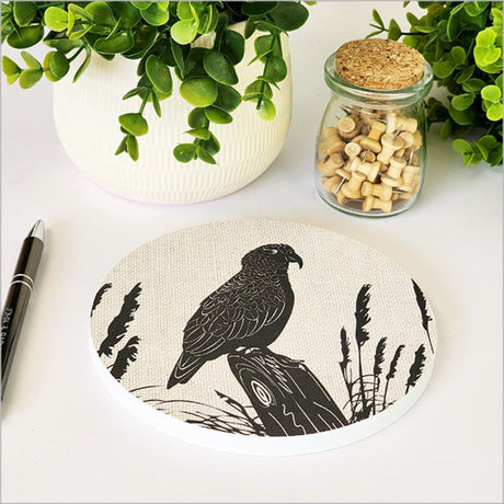 Canvas circle wall art featuring a vibrant Kea parrot, 15cm in diameter, perfect for adding nature-inspired decor to any space.