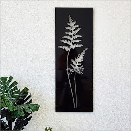 Elegant large black fern wall art featuring a dragonfly, perfect for indoor or outdoor decor, measuring 79cm high.