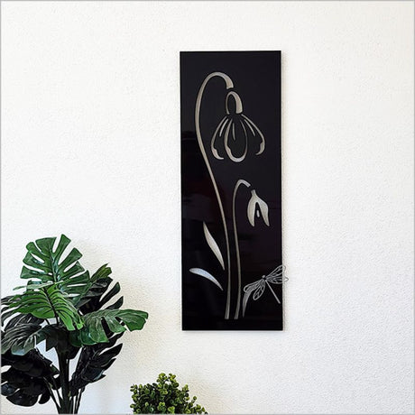 Large wall art featuring a snowdrop design and a dragonfly motif, crafted from durable ACM, suitable for indoor and outdoor use.
