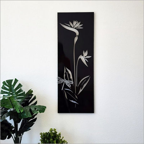 Large Bird of Paradise wall art in black ACM with dragonfly design, 79 cm high, lightweight and rust-resistant.