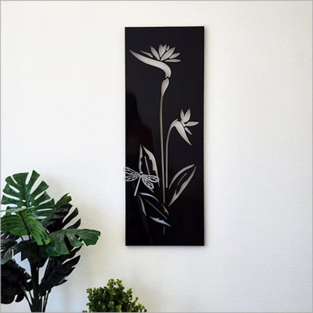 Large Bird of Paradise wall art in black ACM with dragonfly design, 79 cm high, lightweight and rust-resistant.