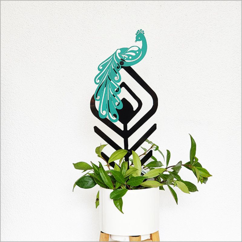 Elegant 30cm plant trellis featuring a peacock feather design and Huia bird, perfect for indoor/outdoor vining plants.