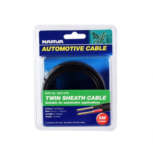 15A 4mm Twin Core Sheathed Cable - Red/Black with Black Tracer (5m) - Narva