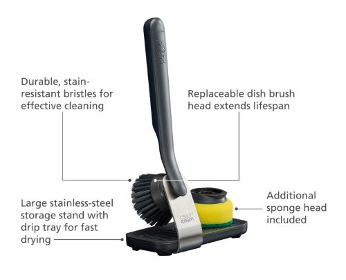 SinkTech Dish brush and sponge set with large stainless-steel storage stand - Joseph Joseph