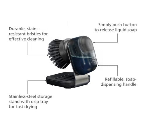 SinkTech Soap-dispensing palm brush with stainless-steel storage stand - Joseph Joseph