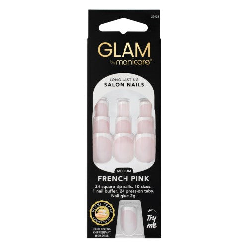 Press on Nail Kit - Glam by Manicare French Pink Medium Square (6 Packs)