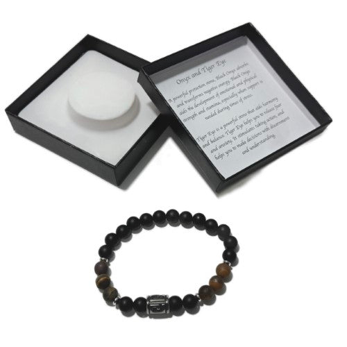 Men's Bracelet - Matte Onyx Matte Tiger Eye & Greek Letter Bead