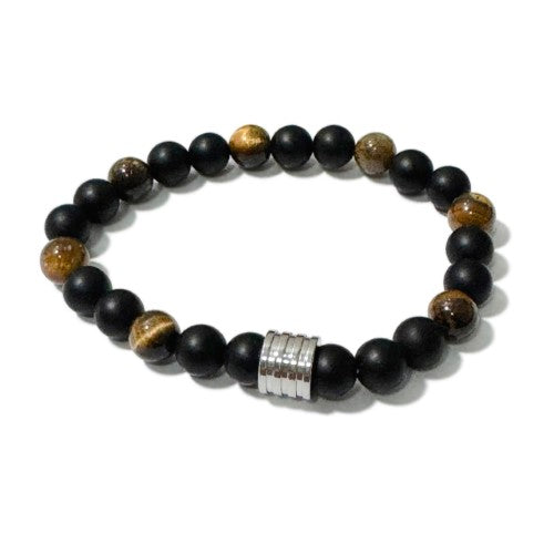 Men's Bracelet - Matte Onyx+Tiger Eye & 4 Ring Bead