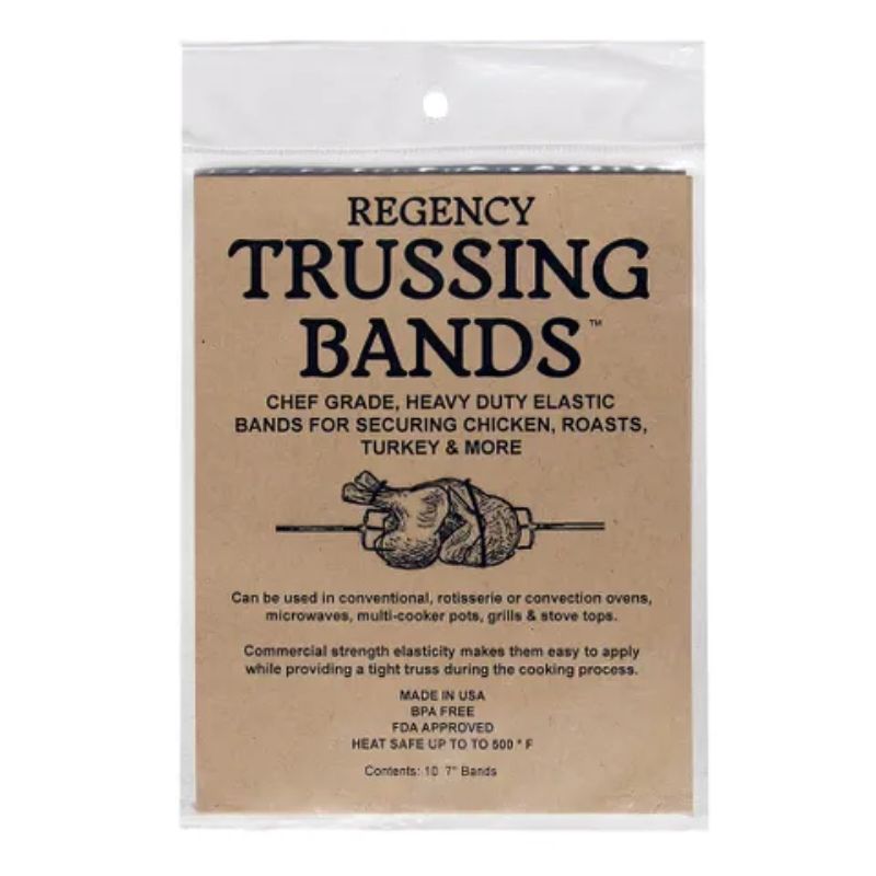 Heavy-duty elastic trussing bands for securely tying meats and vegetables during cooking, sold in packs of 3.