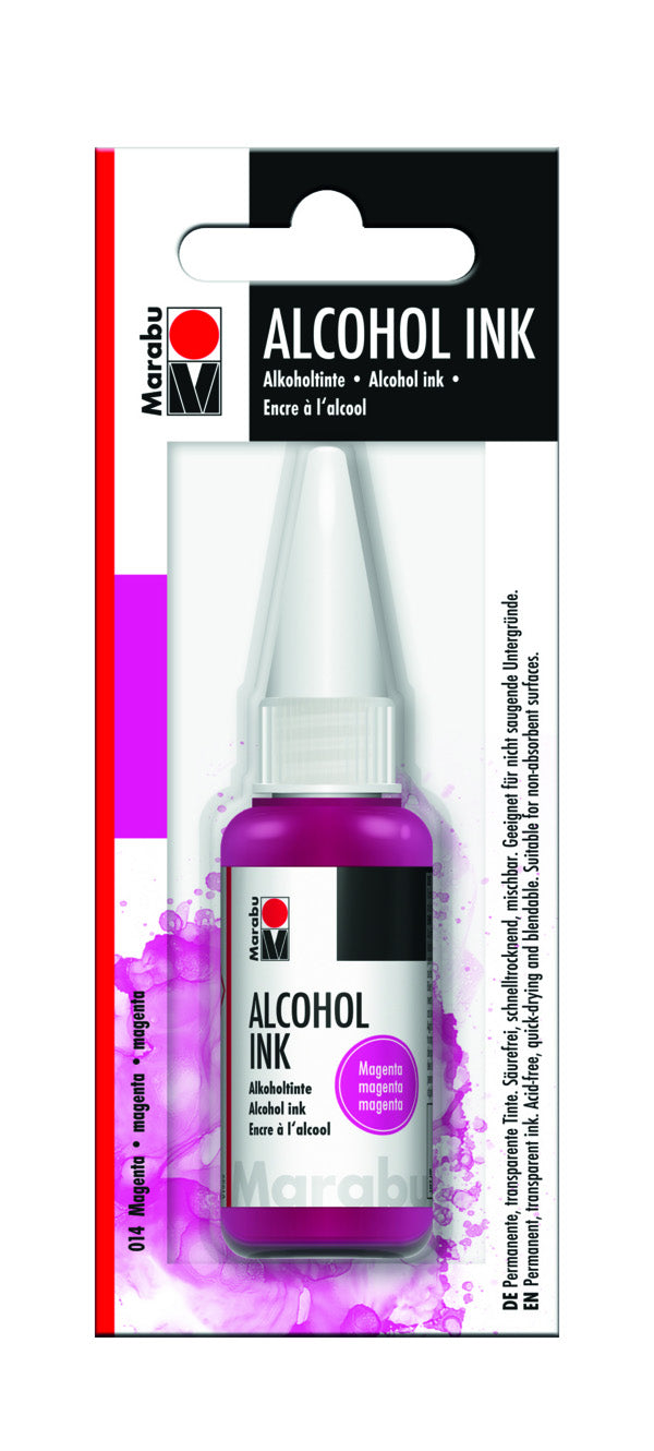 MARABU Alcohol Ink 20ml in vibrant Magenta, perfect for fluid painting on non-absorbent surfaces.