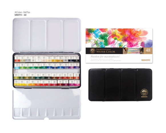 Mungyo Watercolour 48HP Set with 48 vibrant colors in a sleek metal case for artists, students, and hobbyists.