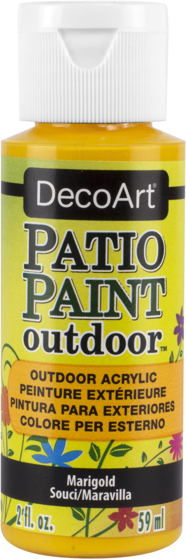 Vibrant 2oz Marigold patio paint for transforming outdoor furniture and decor, featuring durable, scuff-resistant satin finish.