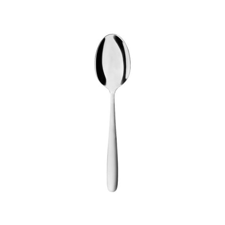 Set of 12 elegant stainless steel dessert spoons with satin finish, perfect for various dining occasions and easy cleanup.