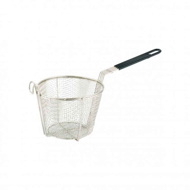 Stainless steel round fry basket, 200mm diameter, 150mm height, perfect for frying and easy to clean.